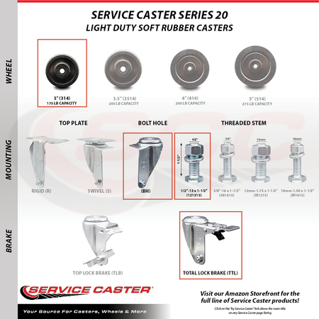 Service Caster 3 Inch SS Soft Rubber ½ Inch Threaded Stem Caster with Total Lock Brake SCC SCC-SSTSTTL20S314-SRS-121315